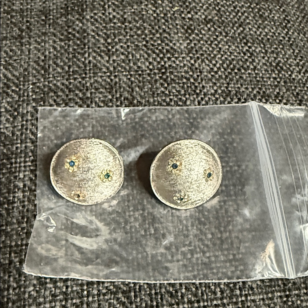 Textured Silver Earrings with Gem Details clamp on